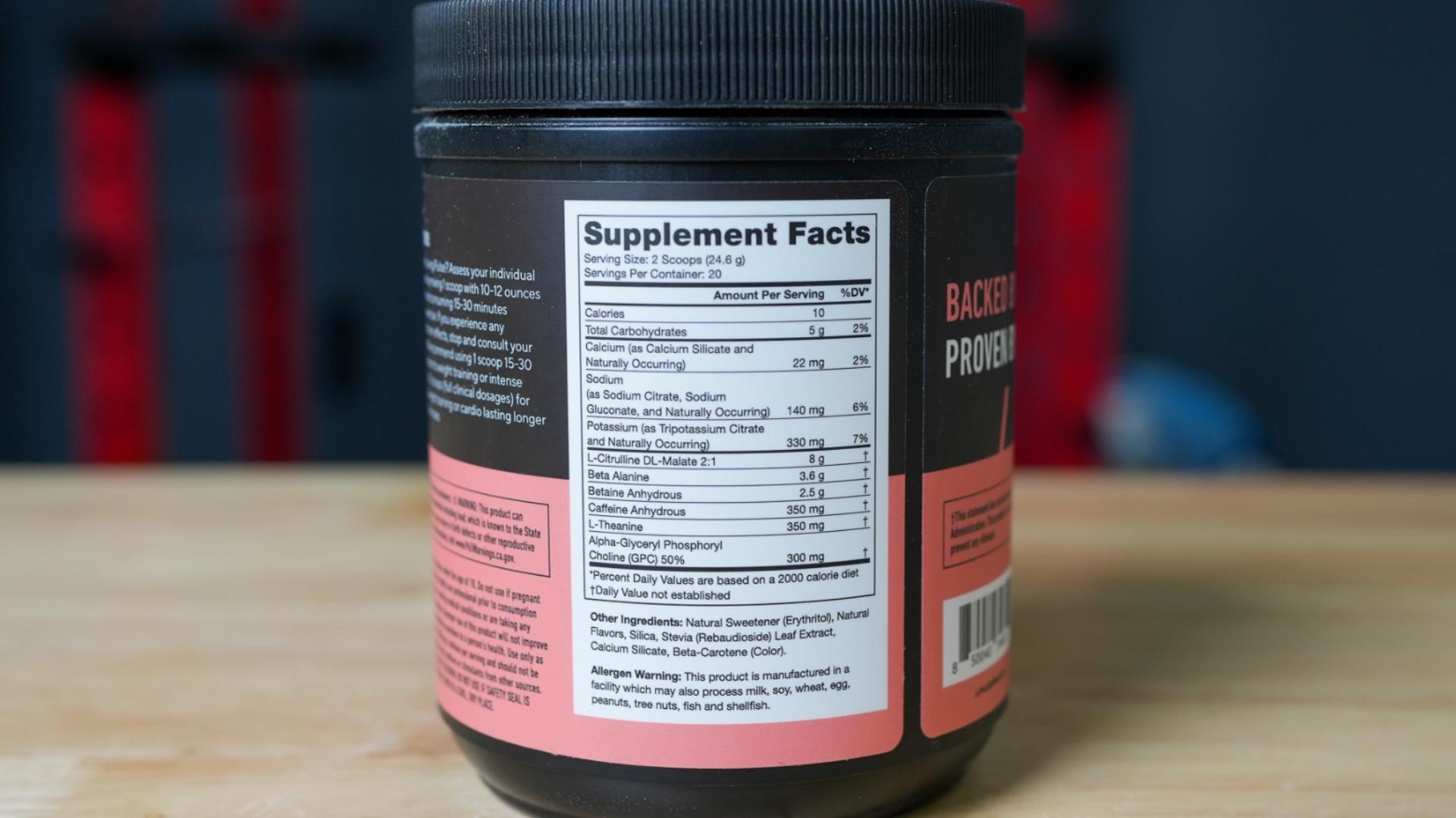 The Supplement Facts label of Legion Pulse pre-workout